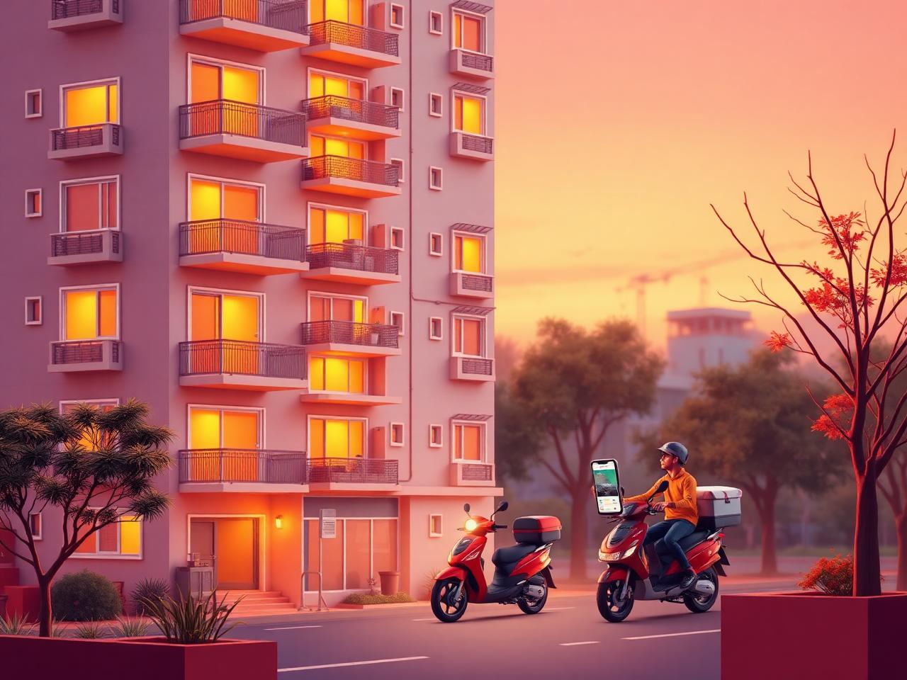 Kathmandu apartment building at twilight with delivery rider