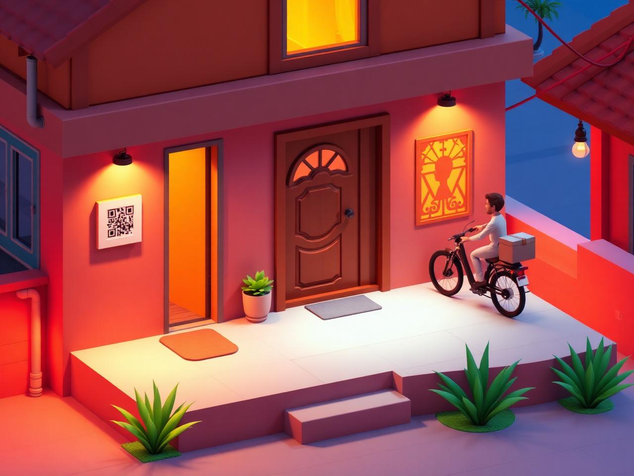 Modern Nepali home at dusk with QR code at the door